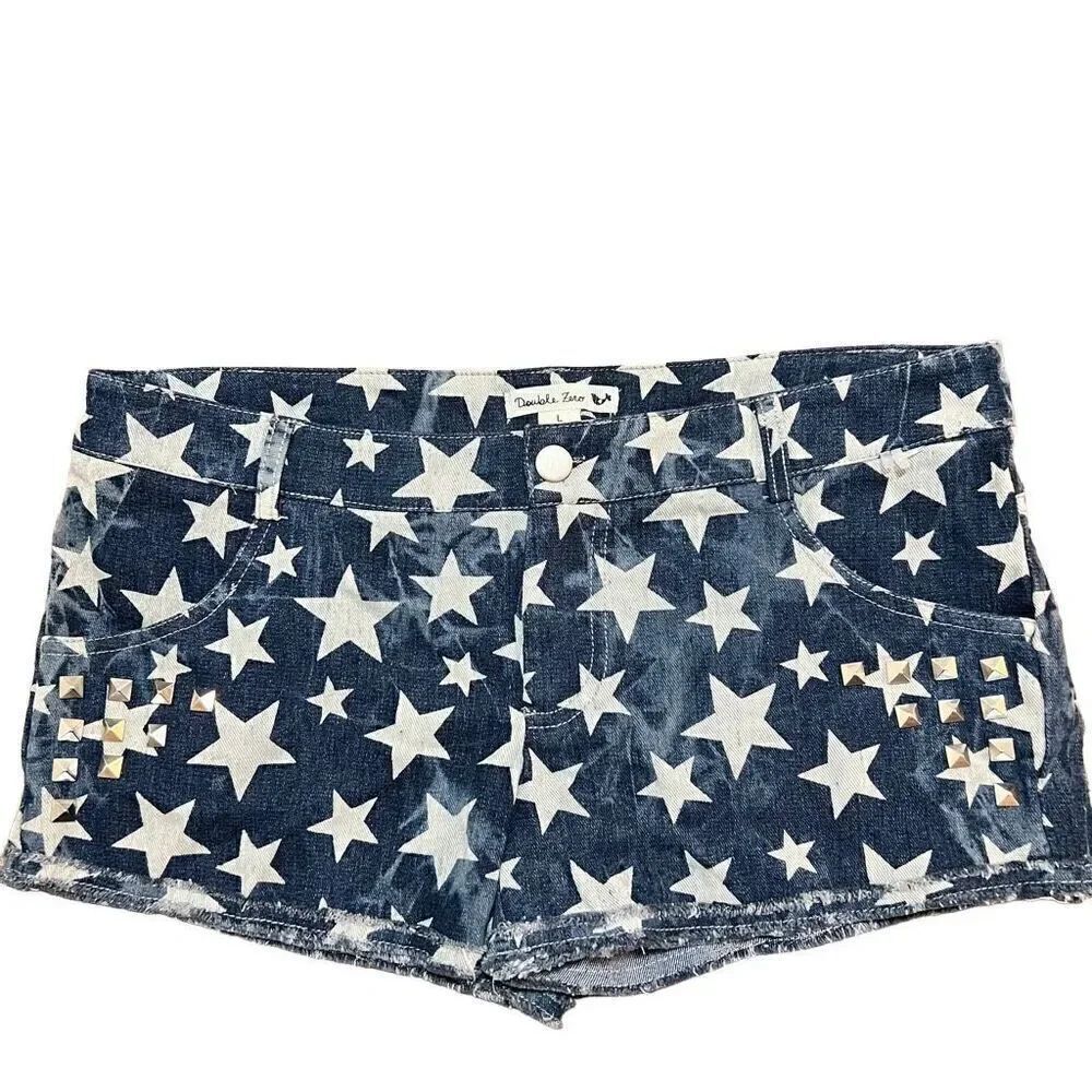 Fun Star Printed Blue Jean studded cutoff denim shorts Lg
